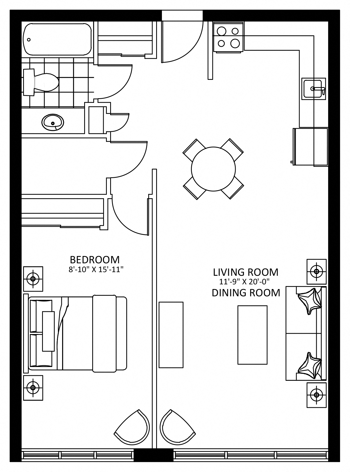 Floor plan for 1 bed, 1 bath, 713 sqft